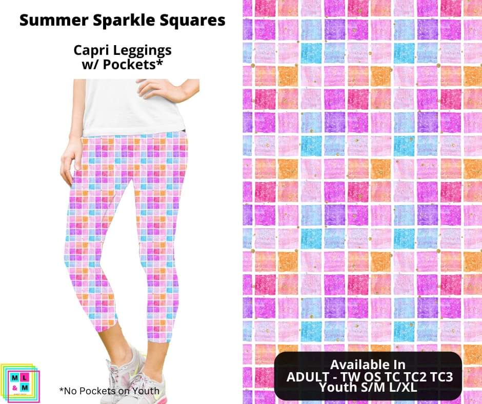 Summer Sparkle Squares Capri Length Leggings w/ Pockets