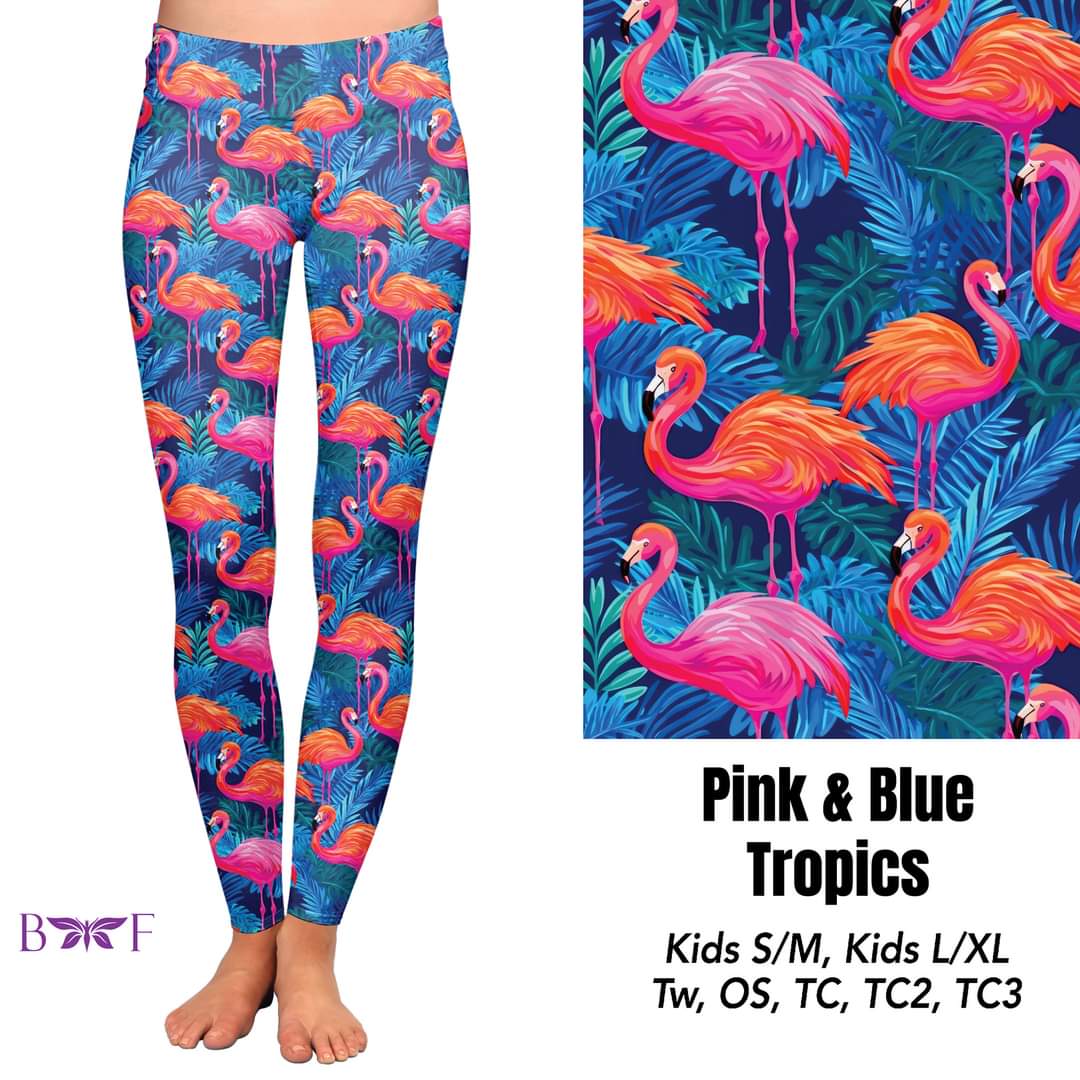 Pink and Blue Tropic flamingos leggings, capris and skorts with pockets
