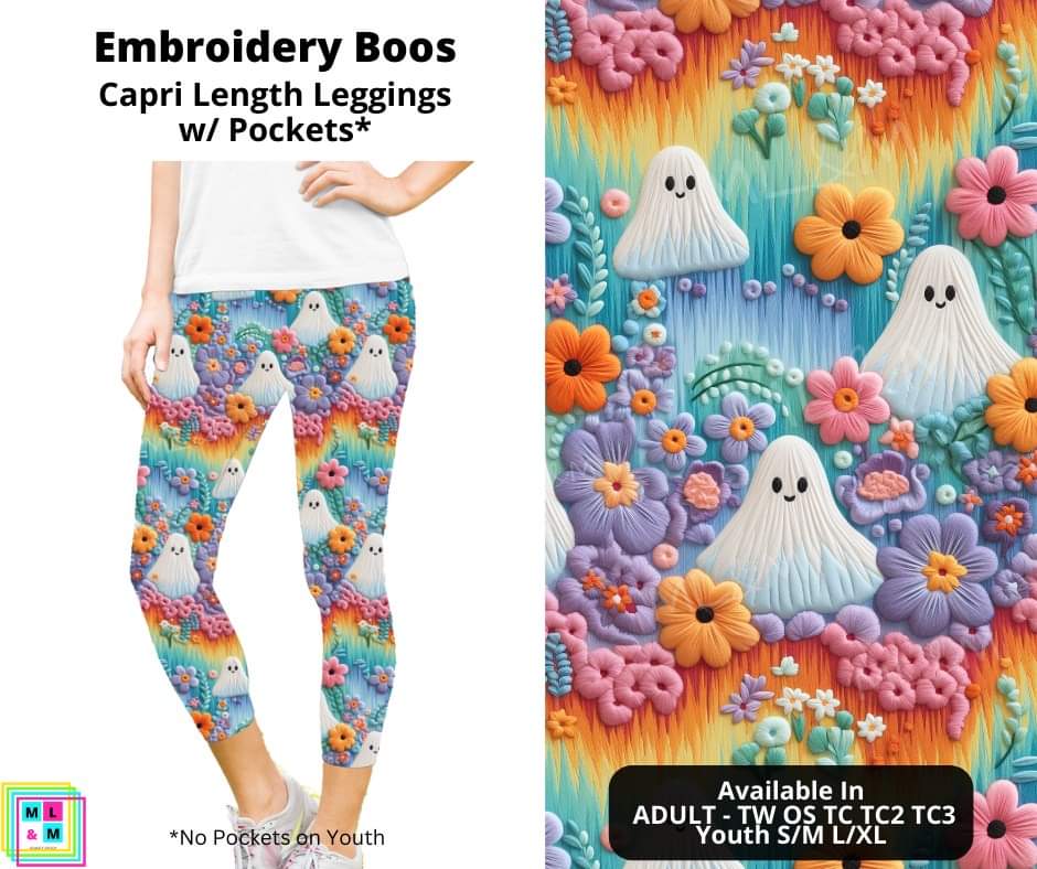 Embroidery Boos Capri Length Leggings w/ Pockets