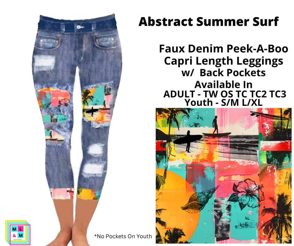 Abstract Summer Surf Faux Denim Peekaboo Capris