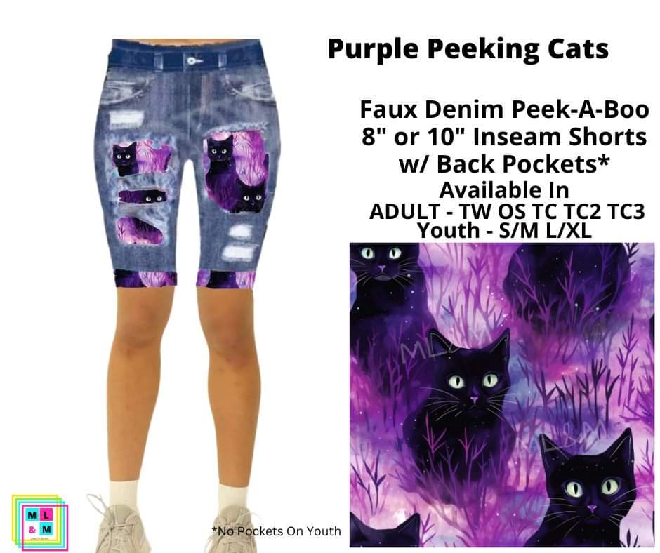 Purple Peeking Cats Faux Denim Shorts w/ Back Pockets