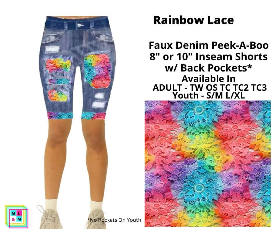 Rainbow Lace Faux Denim Shorts w/ Back Pockets