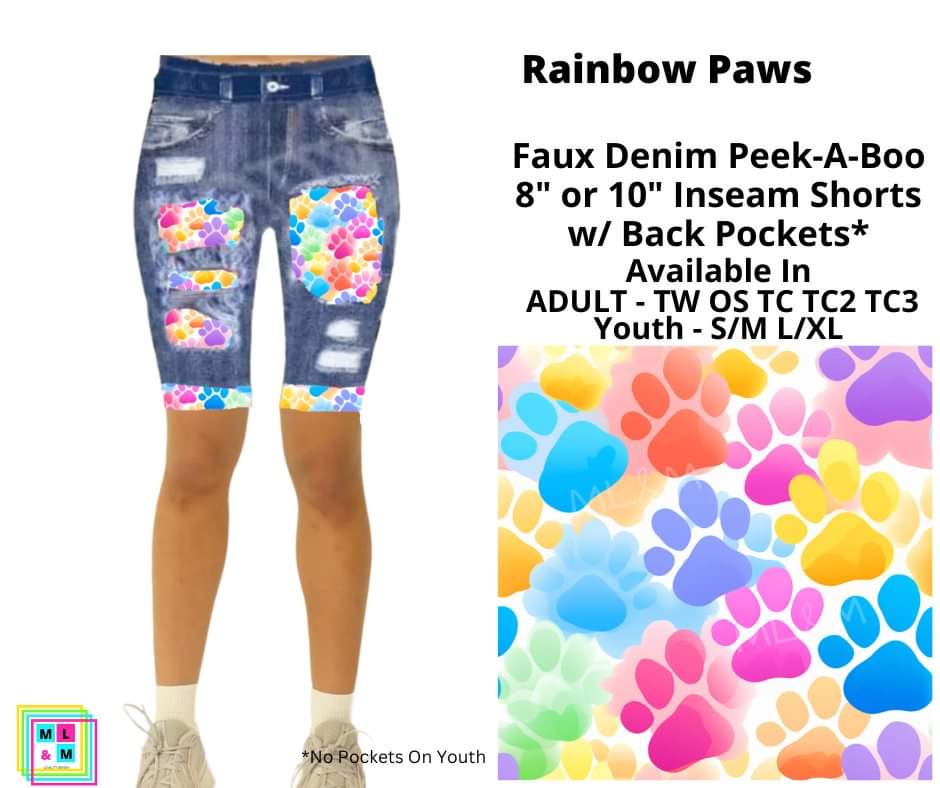 Rainbow Paws Faux Denim Shorts w/ Back Pockets