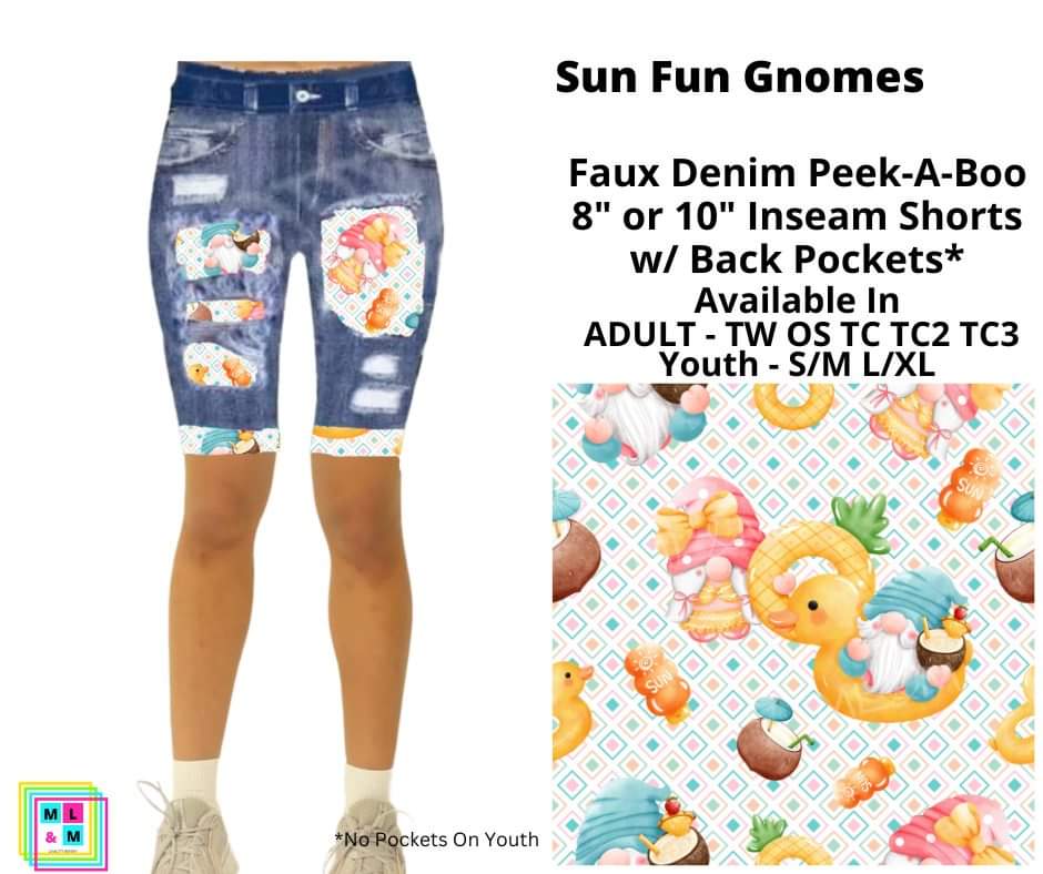Sun Fun Gnomes Faux Denim Shorts w/ Back Pockets