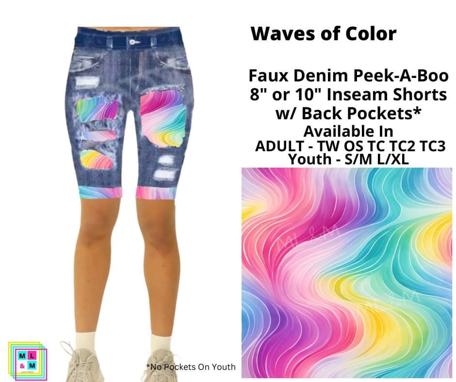 Waves of Color Faux Denim Shorts w/ Back Pockets