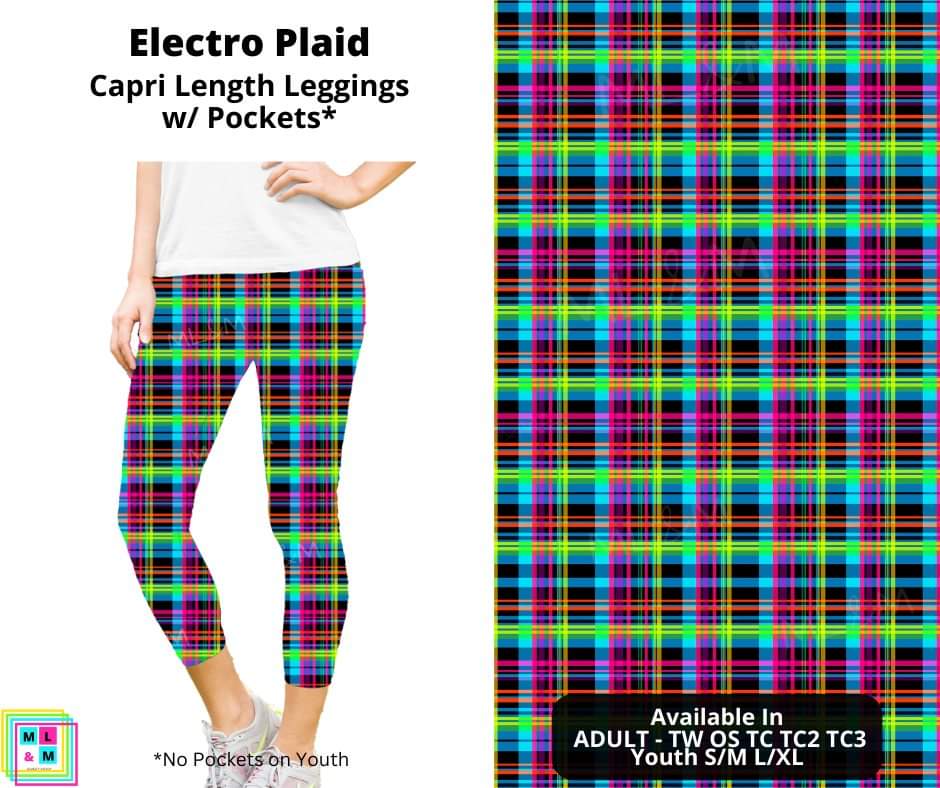 Electro Plaid Capri Length Leggings w/ Pockets