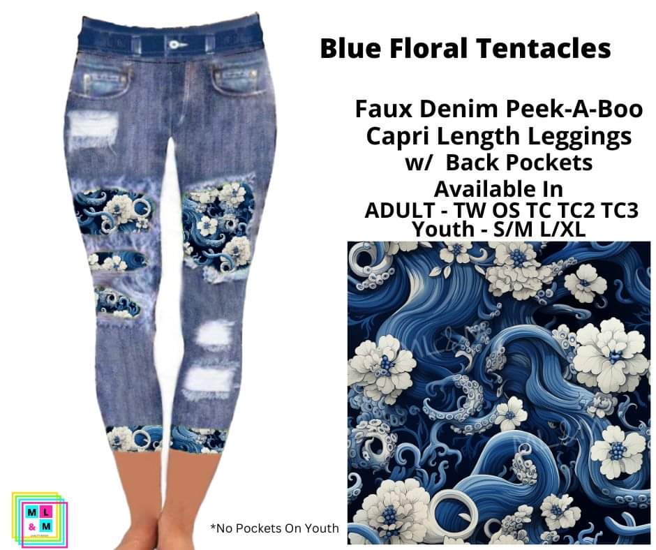 Blue Floral Tentacles Faux Denim Peekaboo Capris