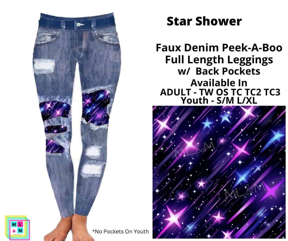 Star Shower Faux Denim Full Length Peekaboo Leggings