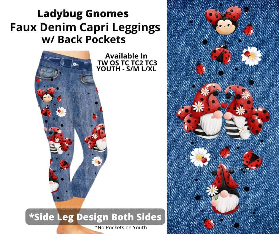 Ladybug Gnomes Capri Faux Denim w/ Side Leg Designs