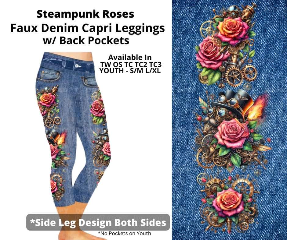 Steampunk Roses Capri Faux Denim w/ Side Leg Designs