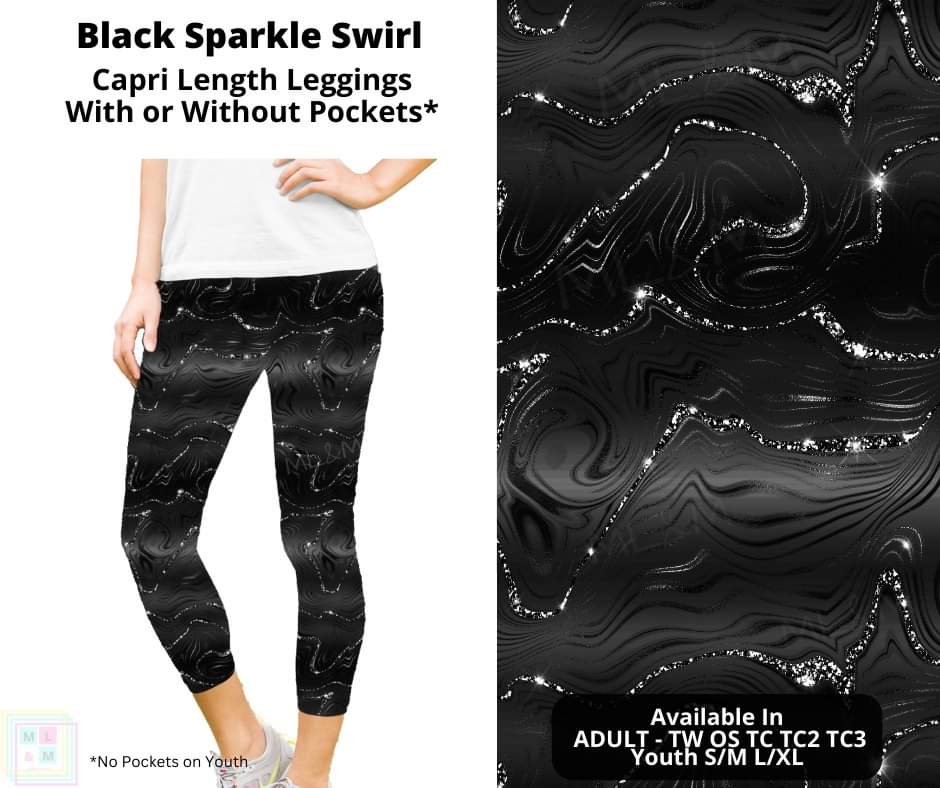 Black Sparkle Swirl Capri Length Leggings w/ Pockets