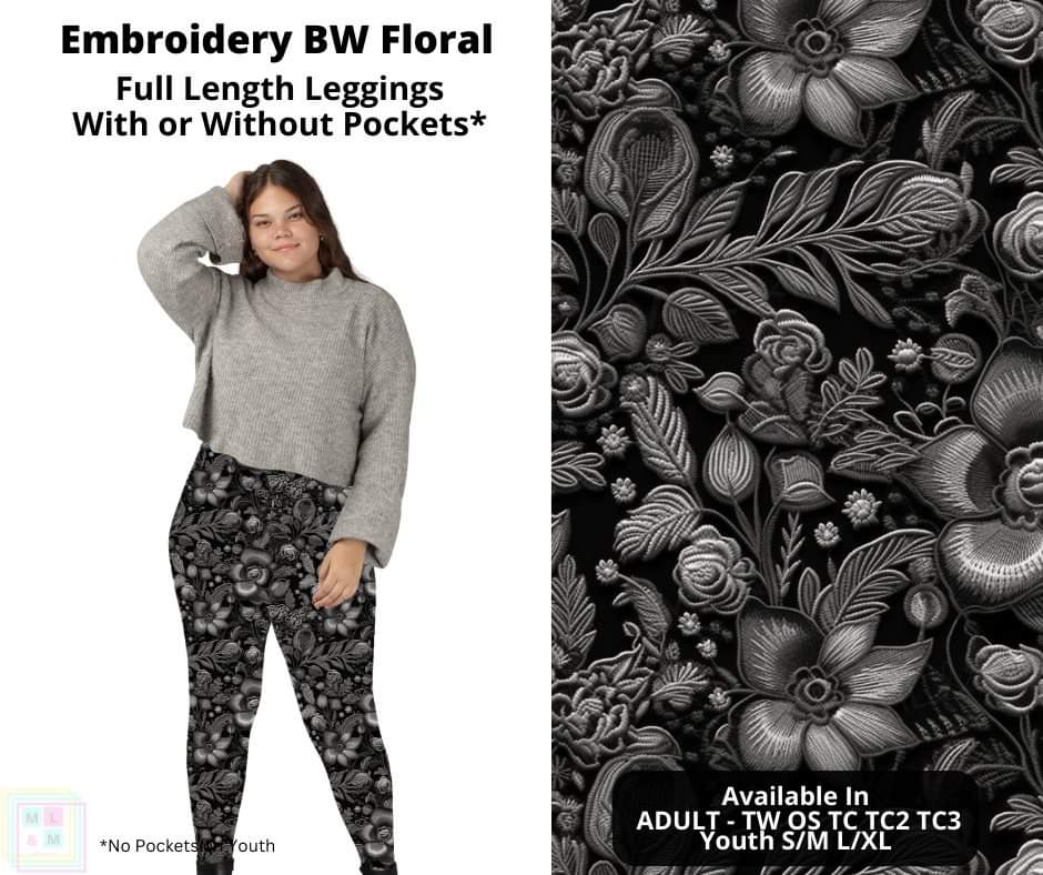 Embroidery BW Floral Full Length Leggings w/ Pockets