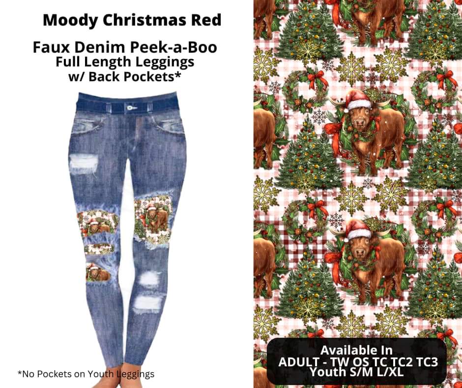 Moody Christmas Red Faux Denim Full Length Peekaboo Leggings