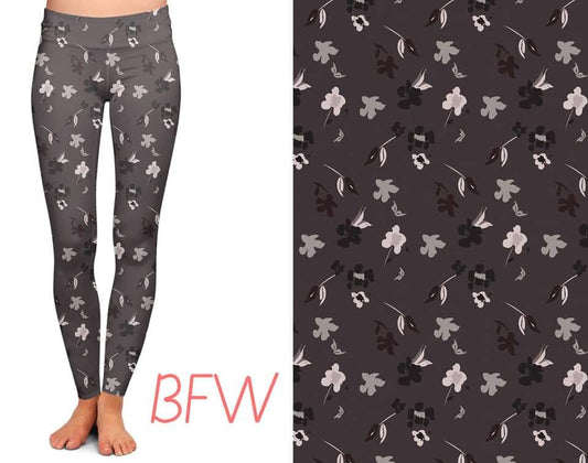 Negative floral leggings, capris, and biker shorts with pockets