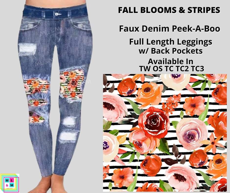 Fall Blooms & Stripes Faux Denim Full Length