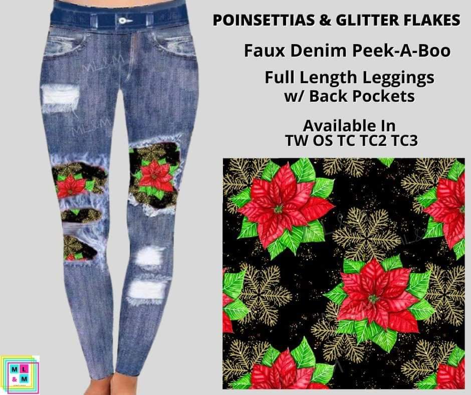 Pointsettias & Glitter Flakes Faux Denim Full Length
