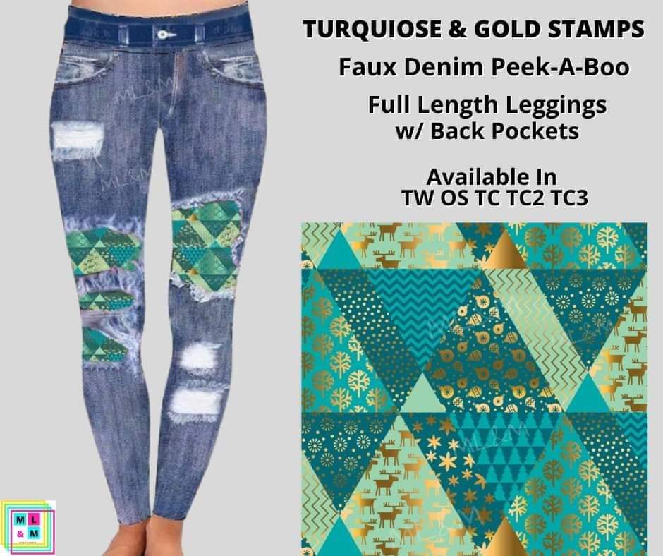 Turquoise & Gold Stamps Faux Denim Full Length