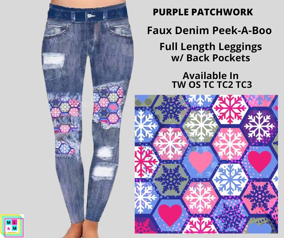 Purple Patchwork Faux Denim Full Length