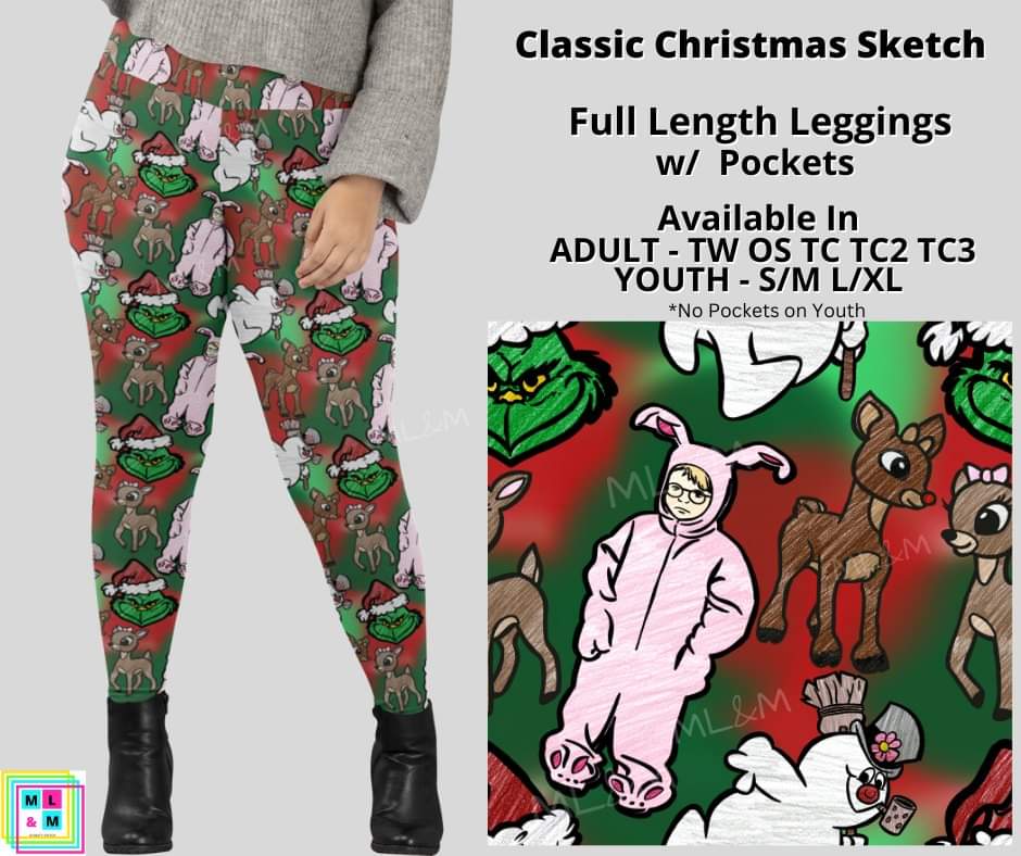 Classic Christmas Sketch Full Length Leggings w/ Pockets