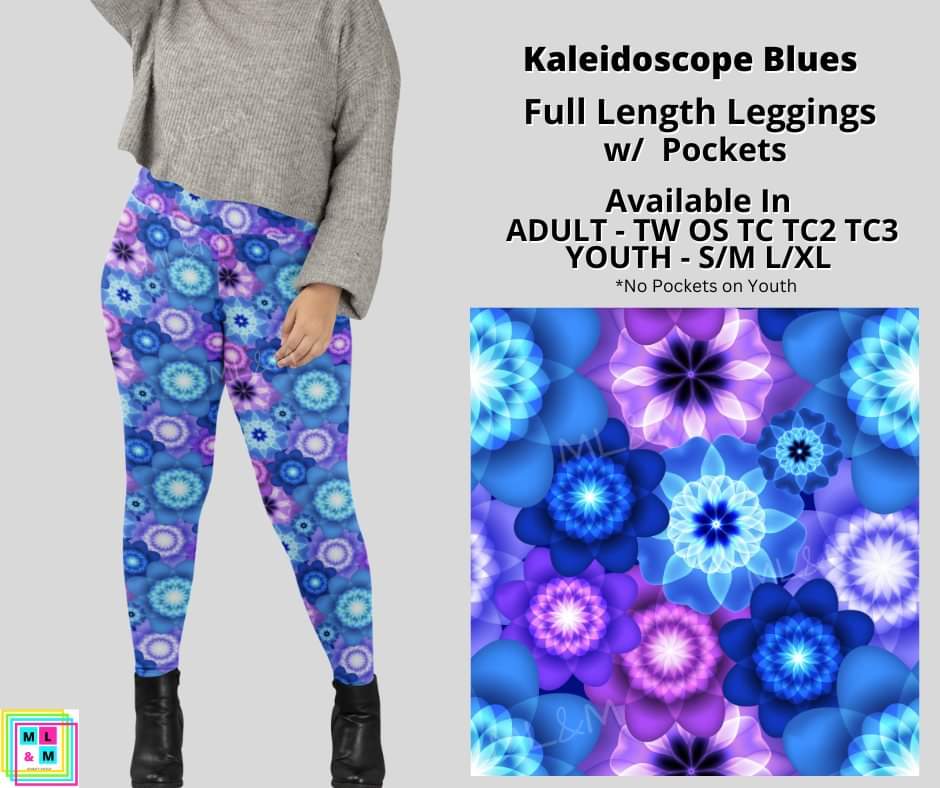 Kaleidescope Blues Full Length Adult & Youth Leggings w/ Pockets