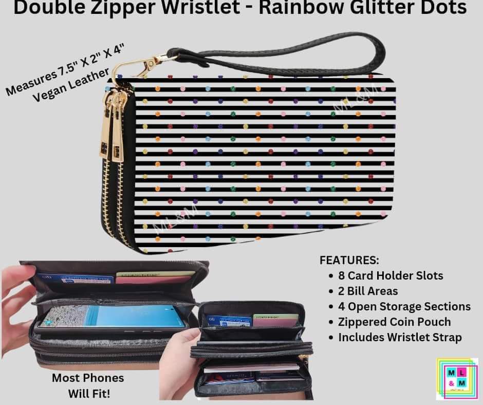 Rainbow Glitter Dots Double Zipper Wristlet