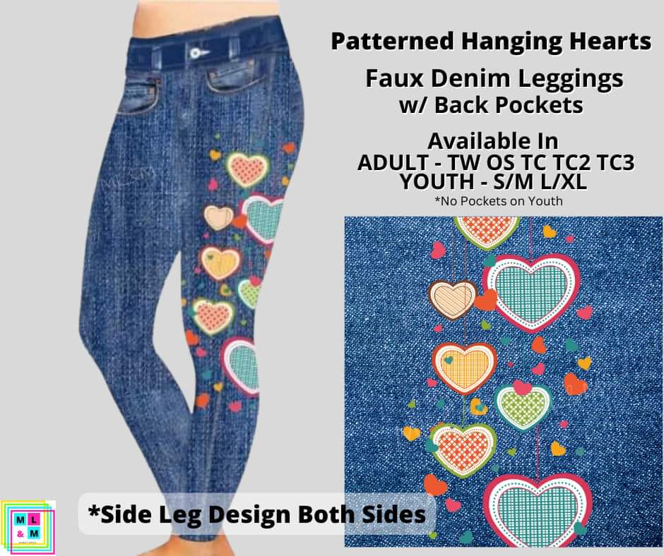 Patterned Hanging Hearts Faux Denim Full Length