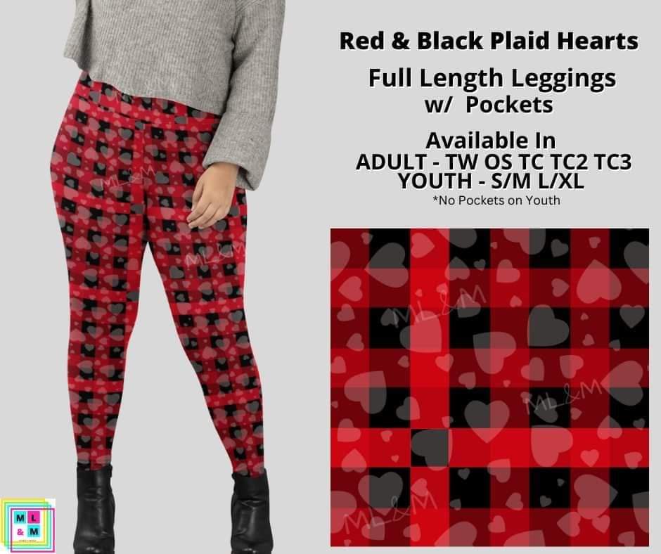 Red & Black Plaid Hearts Full Length Leggings