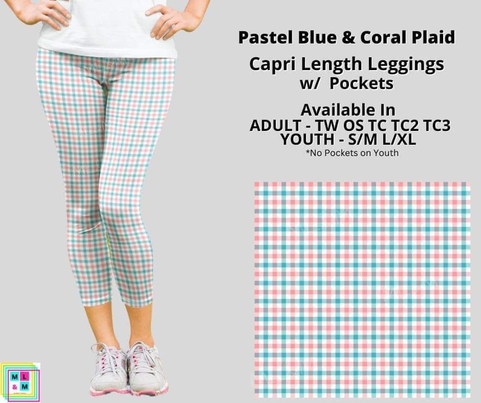 Pastel Blue & Coral Plaid Capri Length w/ Pockets