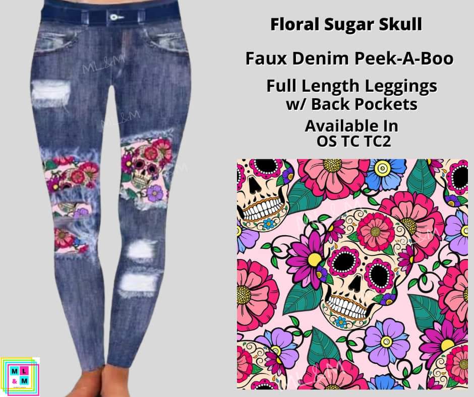 Floral Sugar Skull Faux Denim Full Length