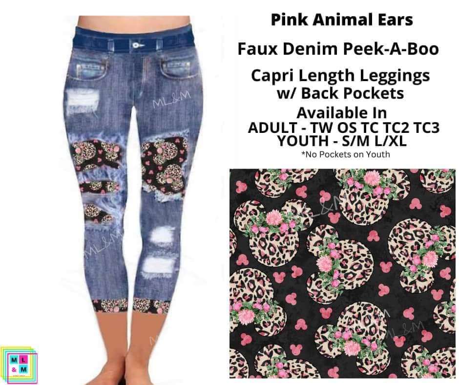Pink Animal Ears Faux Denim Capris