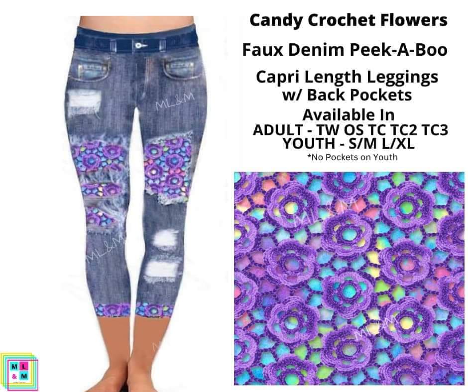 Candy Crochet Flowers Faux Denim Capris