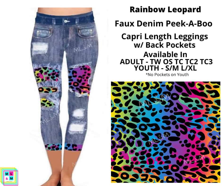Rainbow Leopard Faux Denim Capris