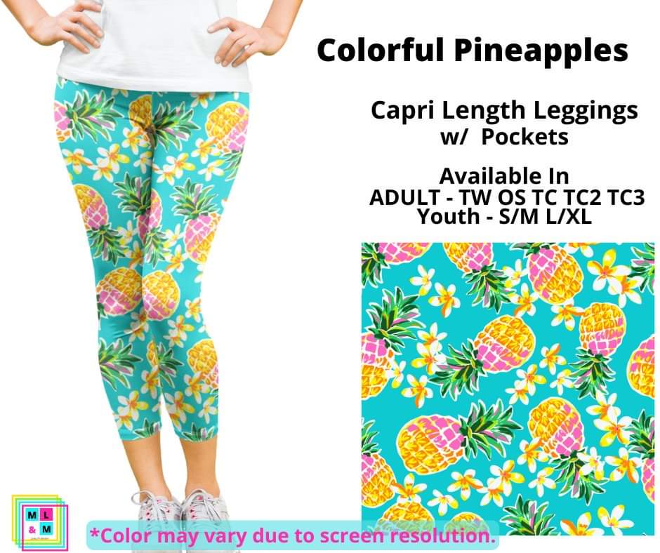 Colorful Pineapples Capri Length w/ Pockets