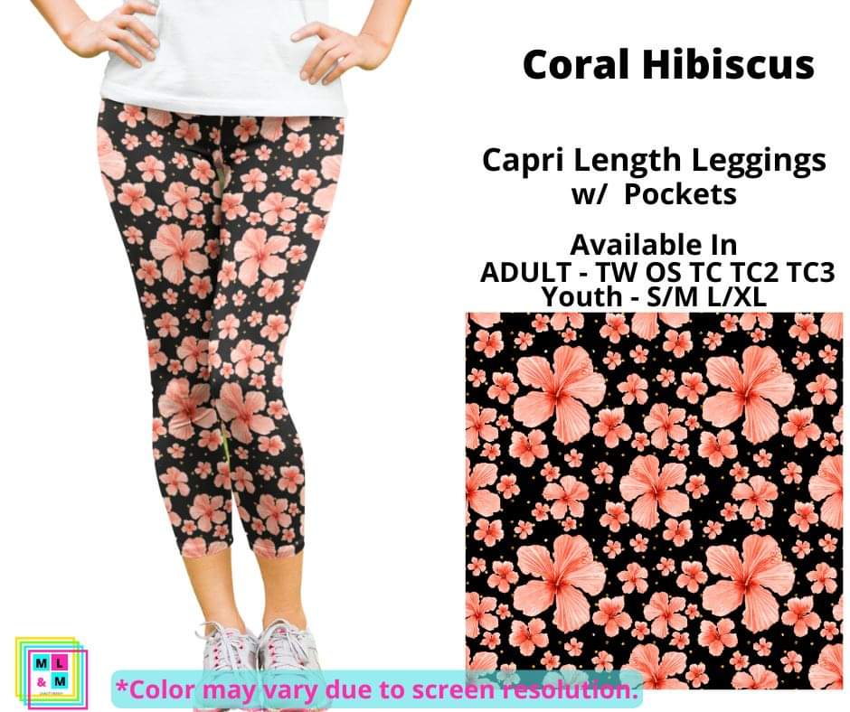 Coral Hibiscus Capri Length w/ Pockets
