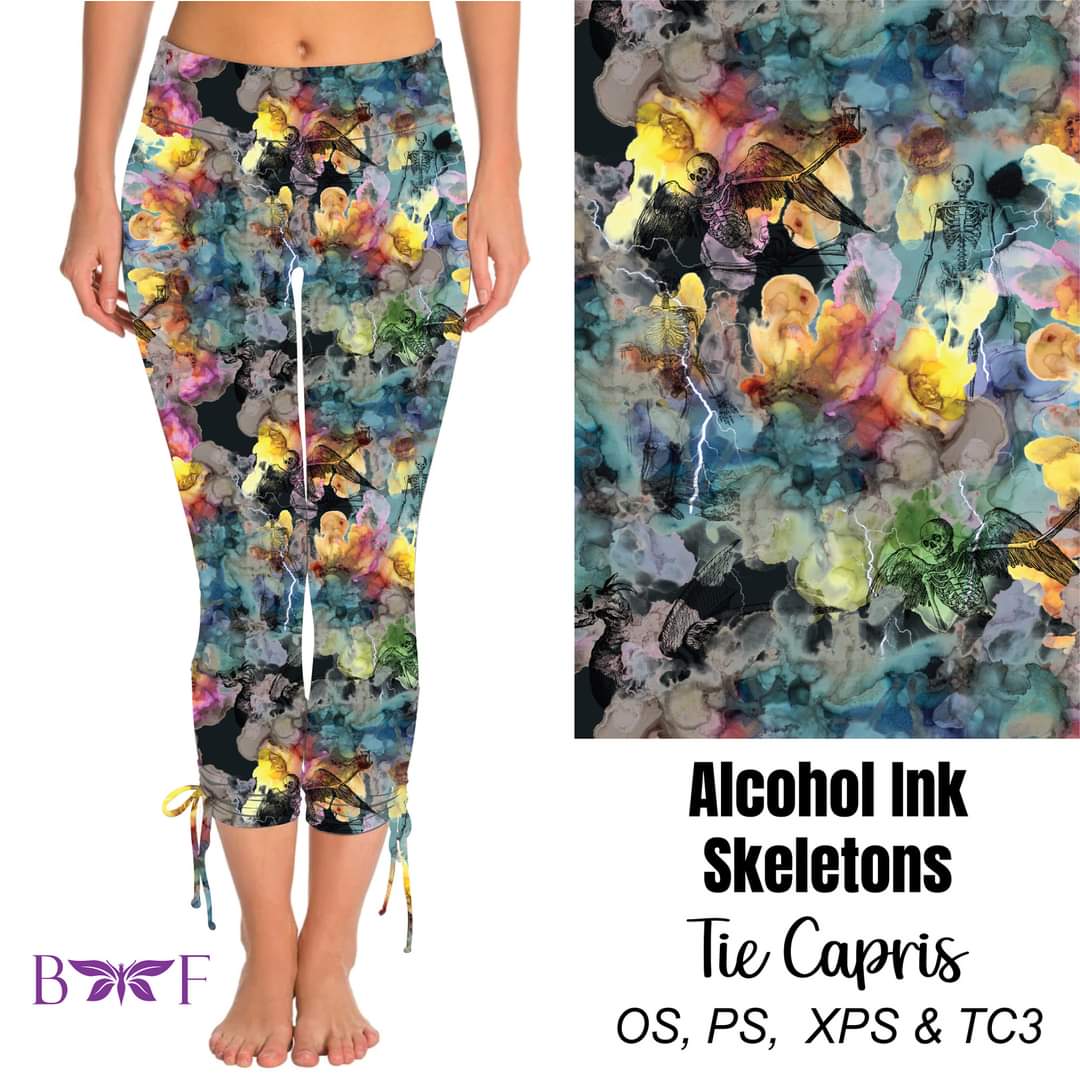 Alcohol Ink Skeletons side tie capris available with pockets