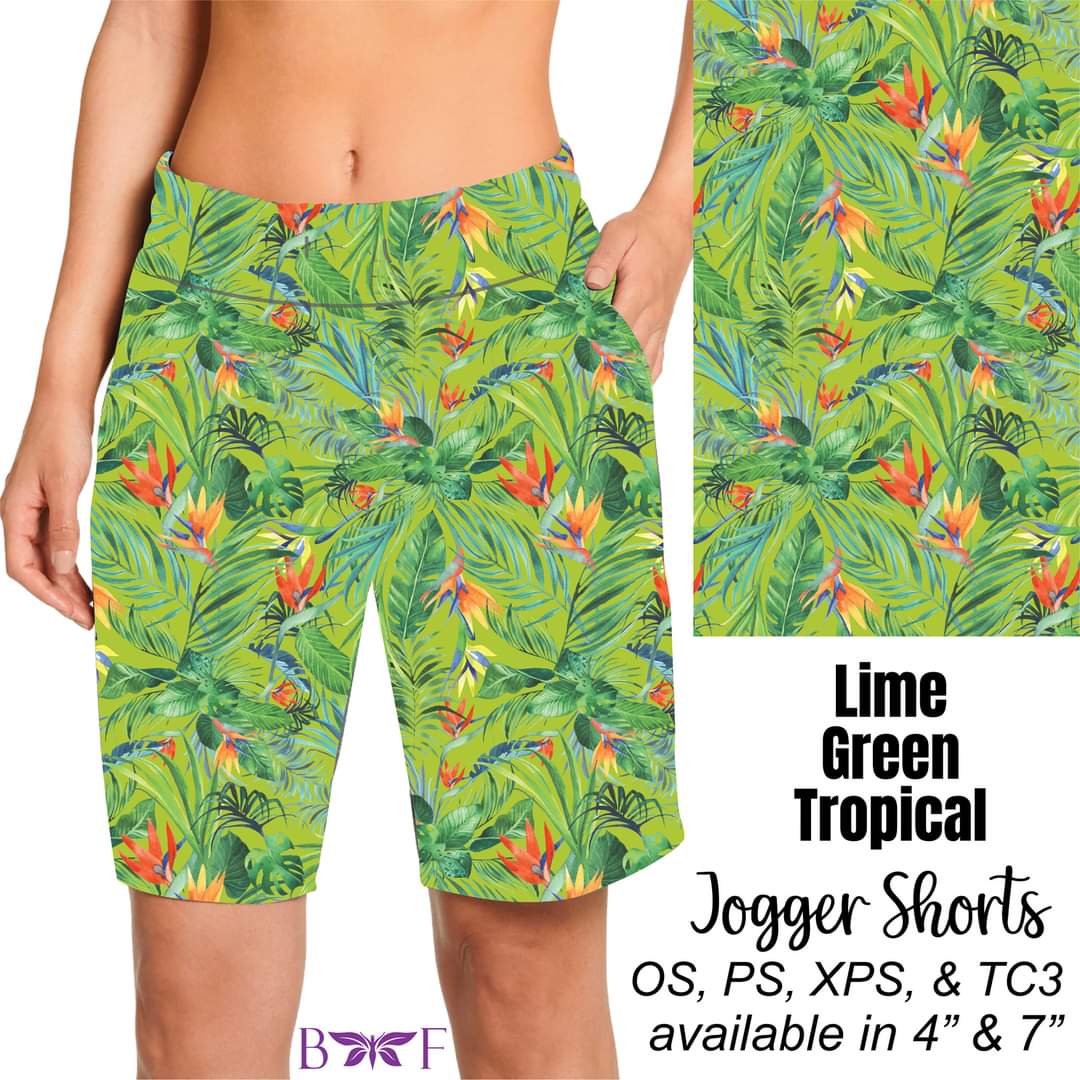 Lime Green Tropical capris, skorts, and biker shorts with pockets