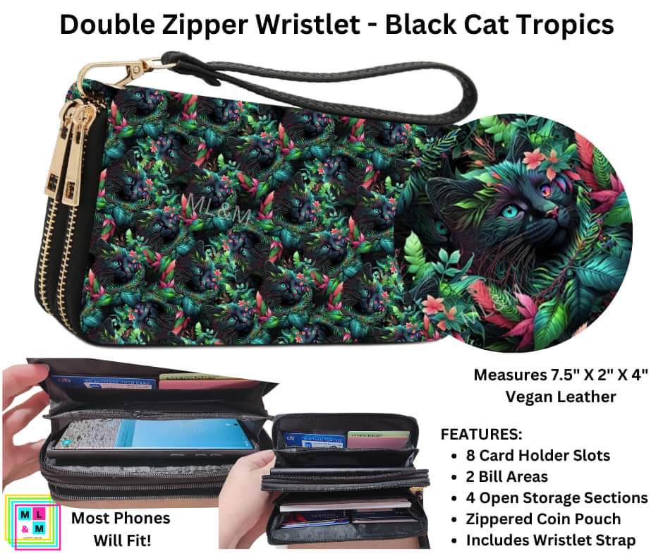 Black Cat Tropics Double Zipper Wristlet
