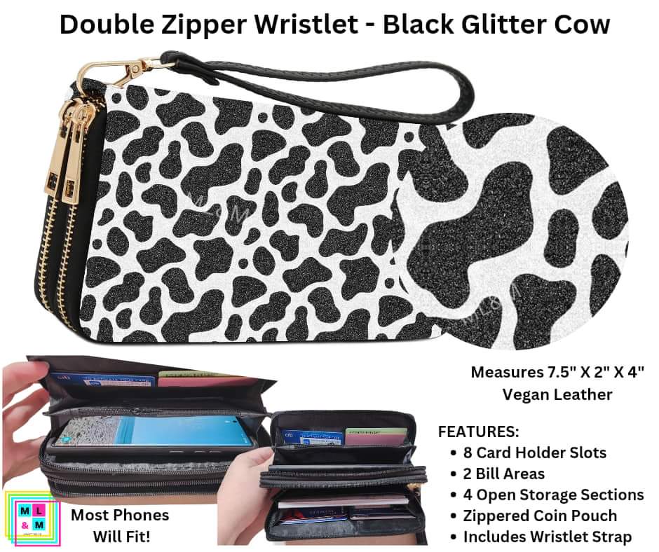 Black Glitter Cow Double Zipper Wristlet