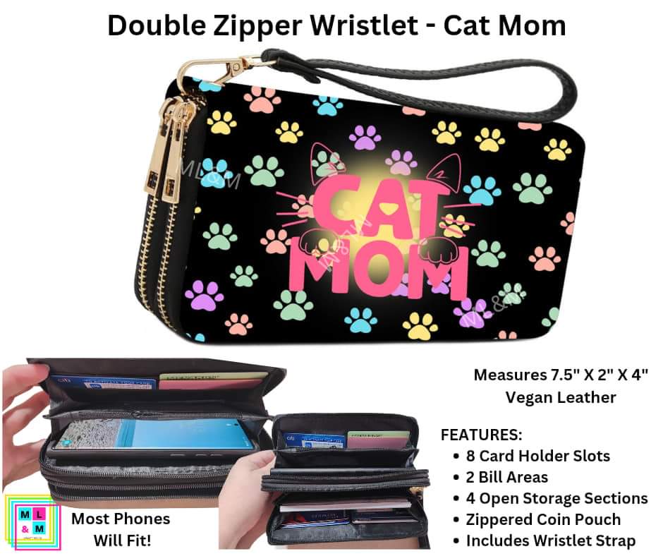 Cat Mom Double Zipper Wristlet