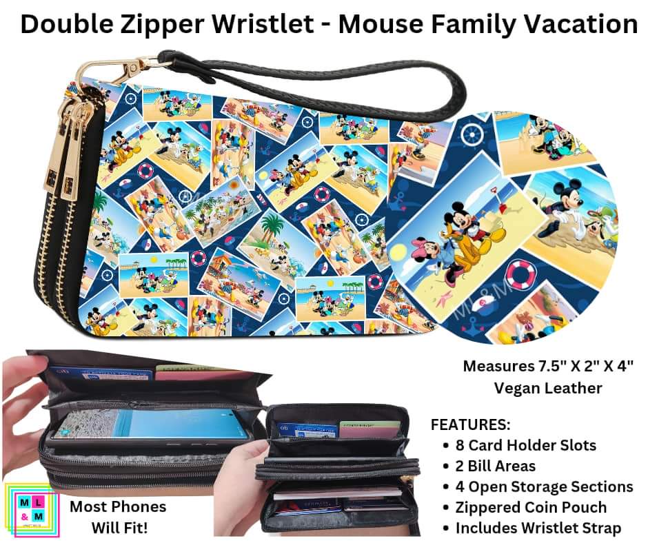Mouse Family Vacation Double Zipper Wristlet