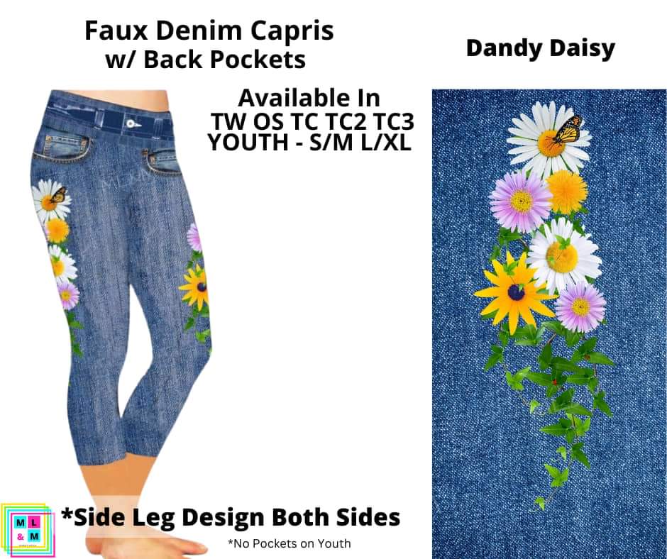 Dandy Daisy Faux Denim w/ Side Leg Designs Capris