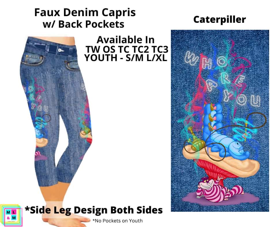 Caterpiller Faux Denim w/ Side Leg Designs Capris