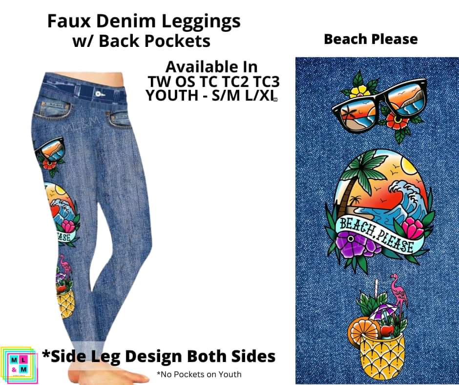 Beach Please Faux Denim w/ Side Leg Designs Full Length