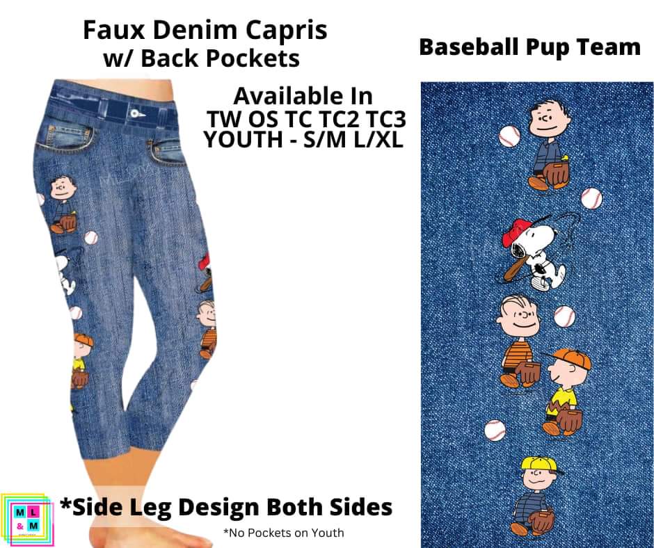 Baseball Pup Team Faux Denim w/ Side Leg Designs Capris
