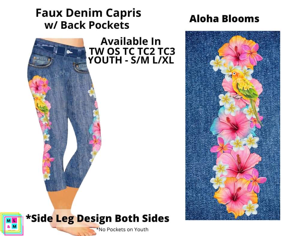Aloha Blooms Faux Denim w/ Side Leg Designs Capris