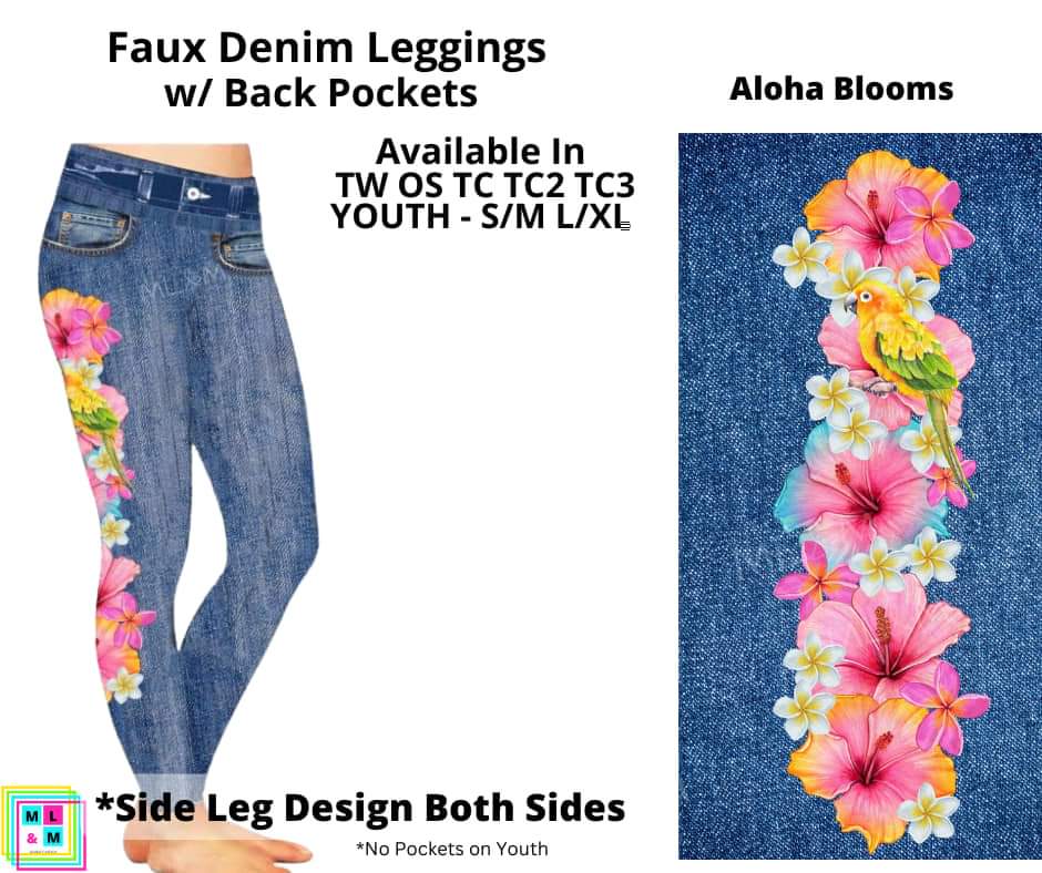Aloha Blooms Faux Denim w/ Side Leg Designs Full Length