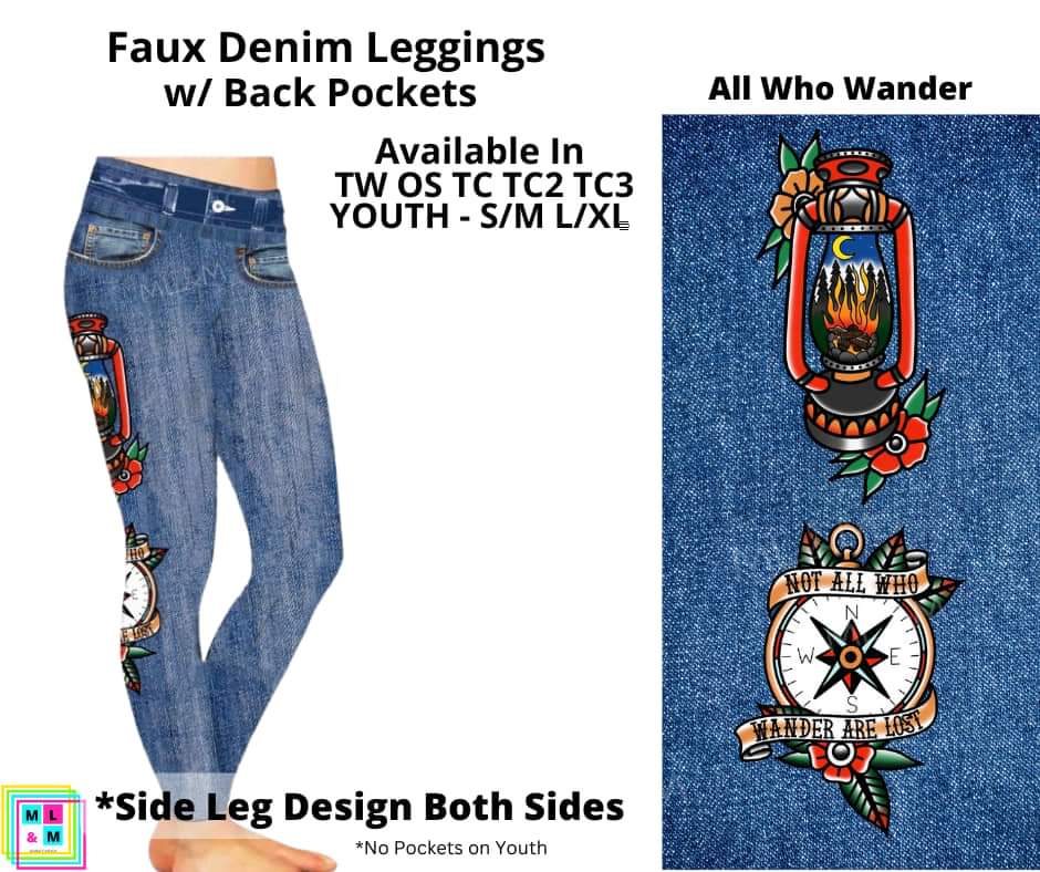 All Who Wander Faux Denim w/ Side Leg Designs Full Length