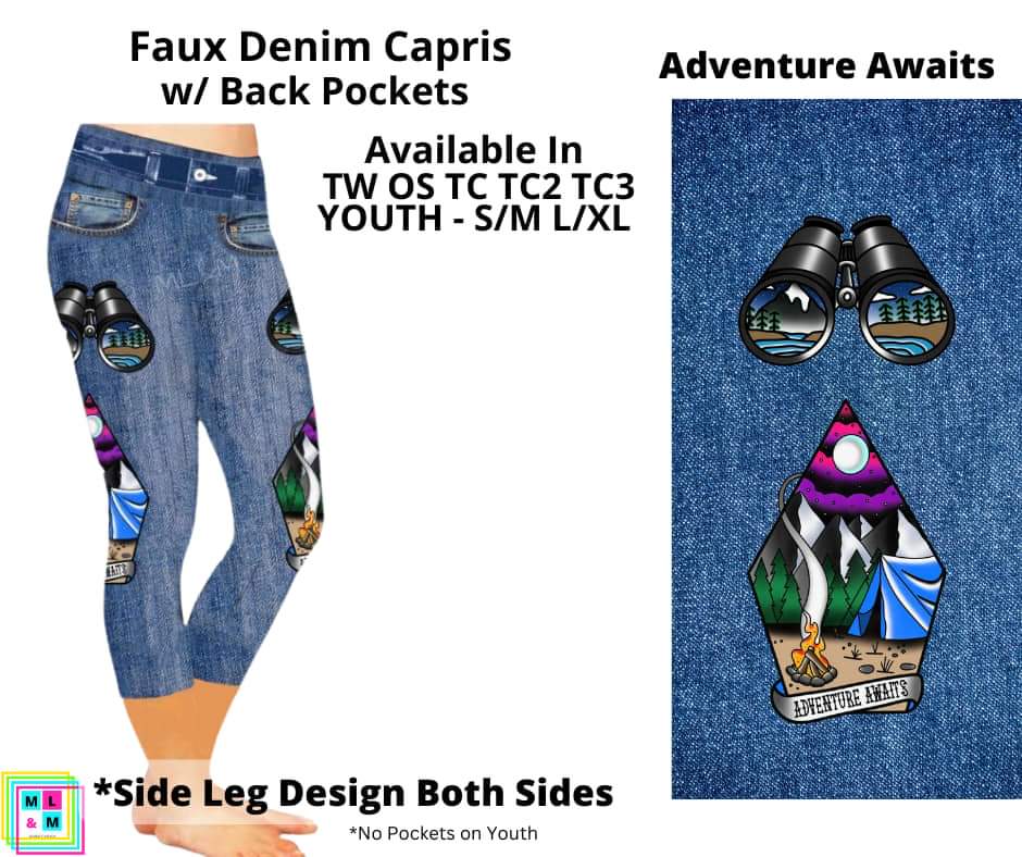 Adventure Awaits Faux Denim w/ Side Leg Designs Capris
