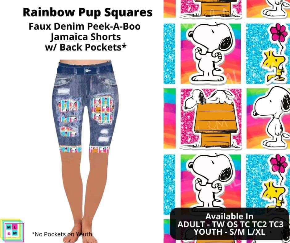 Rainbow Pup Squares Faux Denim Jamaica Shorts