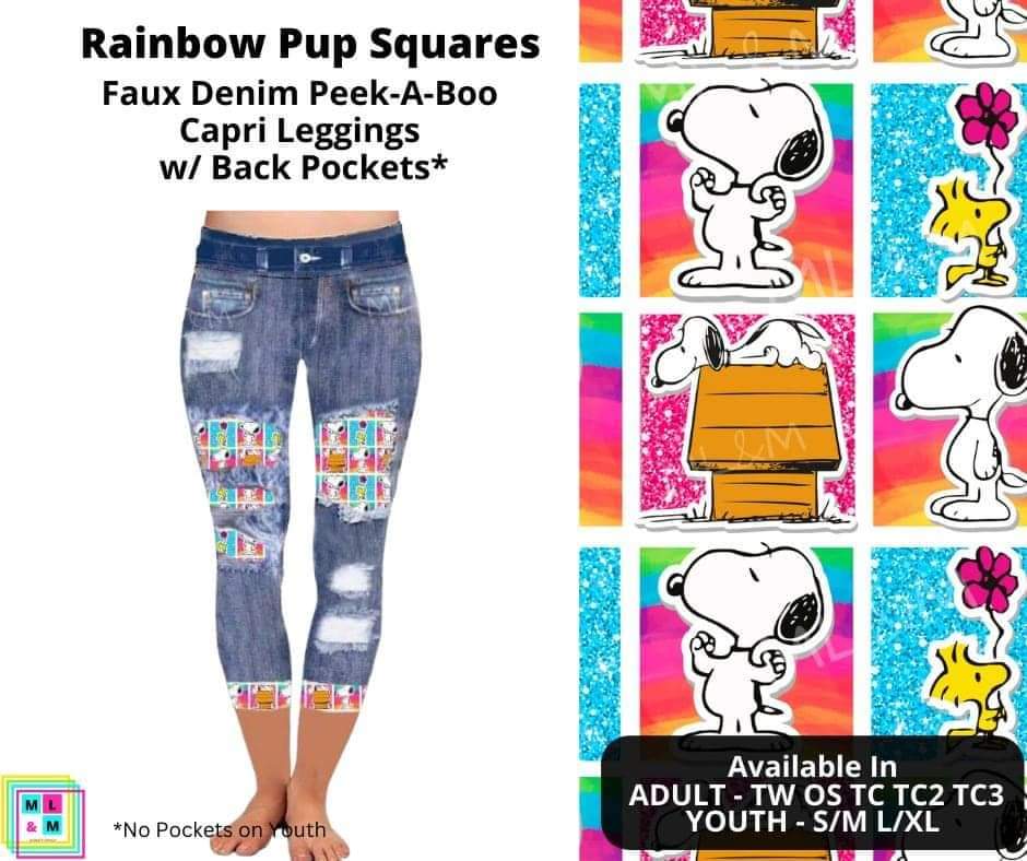 Rainbow Pup Squares Faux Denim Capris